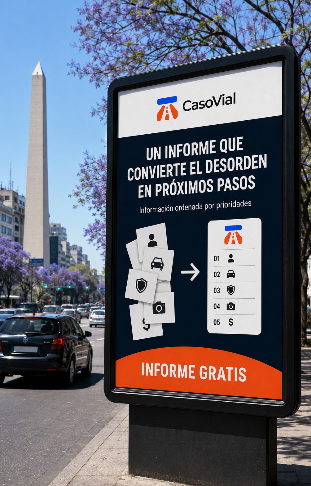 Cartel publicitario de CasoVial en la Ciudad de Buenos Aires que muestra cómo el informe convierte información desordenada en próximos pasos